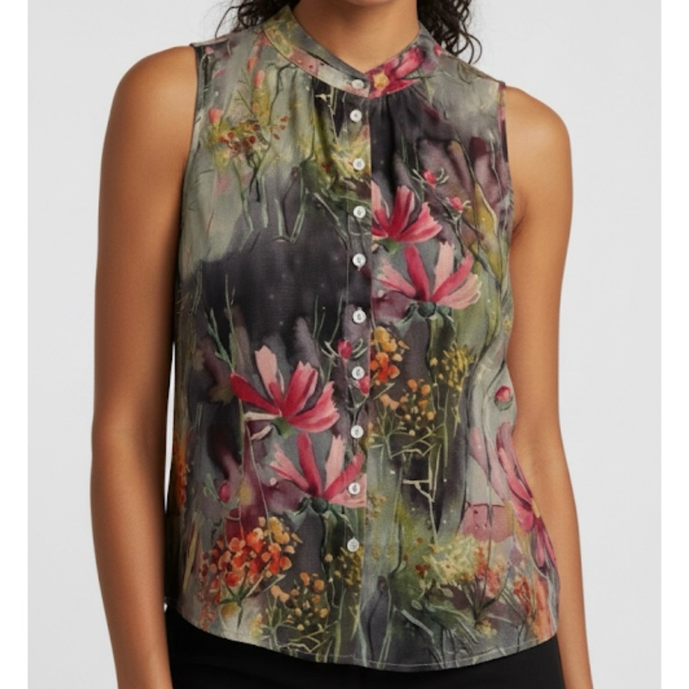Sleeveless Floral Button Up Blouse, Women’s M, Pink Green Multicolor